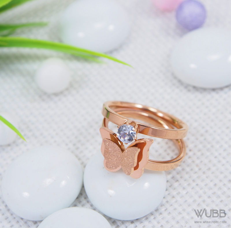 Rose Gold Plated Cute Dual Butterfly Finger Ring - WRA1001