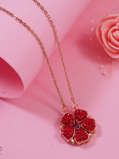 Rose Gold Plated Red Colored Heart Magnetic Pendant Necklace