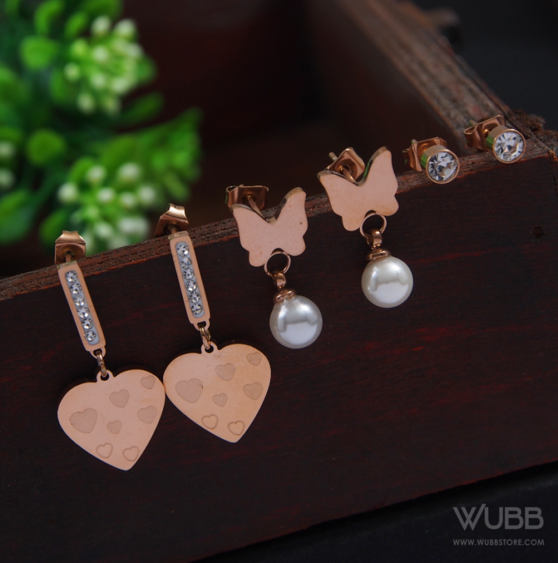 Rose Gold Plated Three Pair Stud Earring - WAA1013